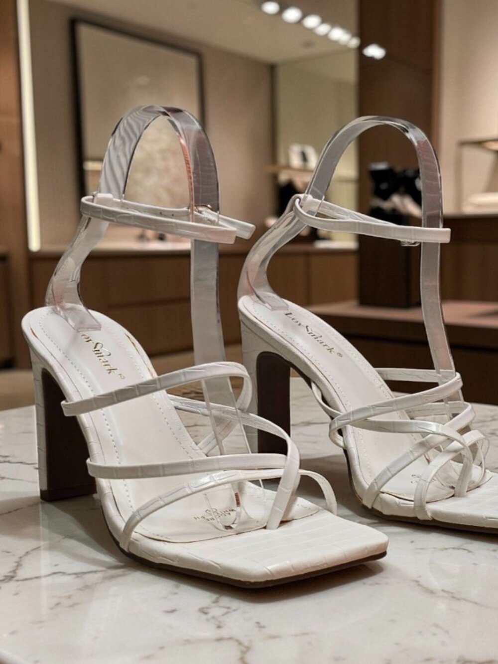 Strappy White Block Heel Sandals With Croc Embossed Finish & Ankle Strap Chic De